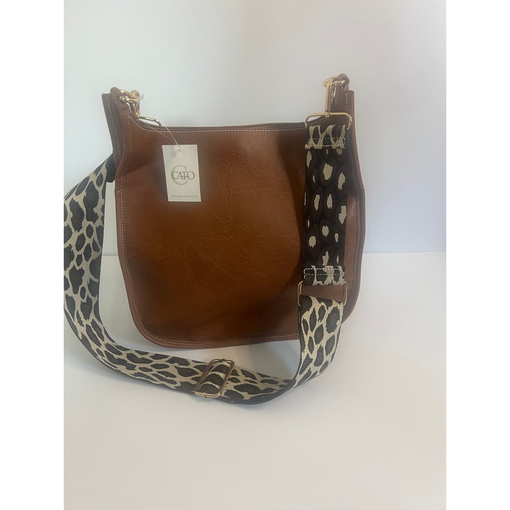 Cato Brown Vegan Leather Messenger Bag with Leopard Print Guitar Strap NWT